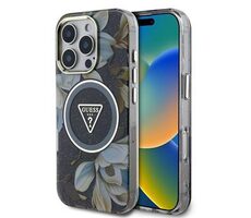 Guess IML Glitter Magnolia und Triangle Logo MagSafe Back Cover für iPhone 16 Pro Schwarz