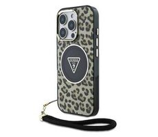 Guess IML Leopard Triangle Logo Strap MagSafe Backcover für iPhone 16 Pro Braun
