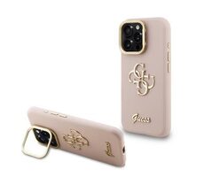 Guess PU Grained 4G Logo Stand Kamerarahmen Backcover für iPhone 16 Pro Rosa