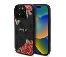 Guess PU Leather 4G Roses MagSafe Backcover für iPhone 16 Pro Schwarz