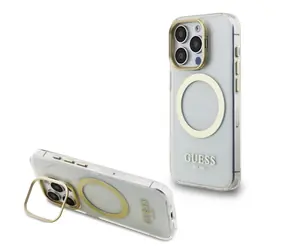 Guess IML Gold Outline Stand Camera Frame MagSafe Backcover für iPhone 15 Pro Max Transparent