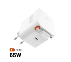 FIXED GaN Netzladegerät mit 2xUSB-C Unterstützung PD 3.0 mit selbstaufwickelndem Kabel 65W weiß