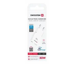 Swissten Slim GaN USB-C + USB-A 30W Ladeadapter weiß