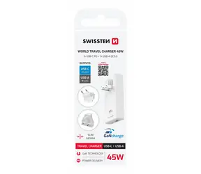 Swissten GaN USB-C + USB-A 45W Reiseadapter (US/ EU/ UK) Weiß
