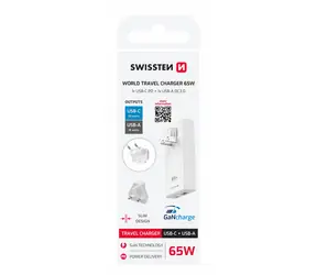 Swissten GaN USB-C + USB-A 65W Reiseadapter (US/ EU/ UK) Weiß