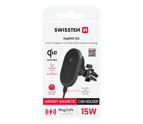 Swissten MagRIDE Qi2 Magnetische Auto-Lüftungshalterung mit kabelloser Ladefunktion, schwarz / 15 W / MagSafe / USB-C