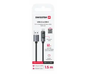 Swissten USB-A-auf-USB-C-Kabel mit LCD-Display, 1,5 m, schwarz / 60 W / USB-A (Stecker) / USB-C (Stecker)