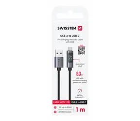Swissten USB-A-auf-USB-C-Kabel mit LCD-Display, 1 m, schwarz / 60 W / USB-A (Stecker) / USB-C (Stecker)