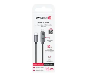 Swissten USB-C-Kabel mit LCD-Display, 1,5 m, schwarz / 60 W / 2x USB-C (M)