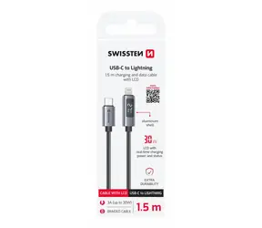 Swissten USB-C-auf-Lightning-Kabel mit LCD-Display, 1,5 m, schwarz / 30 W / Lightning (Stecker) / USB-C (Stecker)