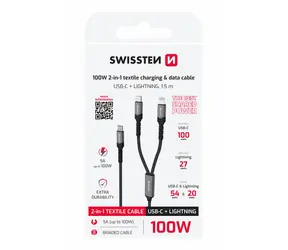 Swissten Ladekabel 2-in-1 100W USB-C/USB-C + Lightning 1,5 m schwarz