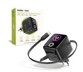Mobile Origin PW3 GaN 65W schwarz / Ladegerät mit TFT-Display / 1x USB-C-Kabel / 1x USB-C & 1x USB-A