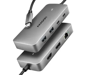 Axagon HMC-CUB83X2, USB-Hub (10 Gbit/s), 2x USB-A, USB-C, HDMI & DP (4K/144 Hz), RJ-45-Anschluss, PD (100 W), 15 cm langes USB-C-Kabel