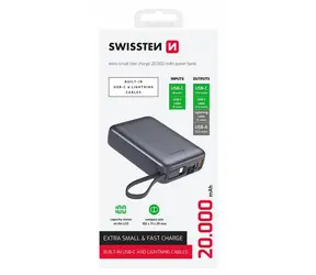 Swissten 22013945 20000mAh silber / Powerbank mit integrierten Kabeln / 2x USB-C + Lightning