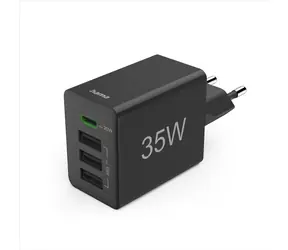 HAMA Schnellladegerät mit USB, schwarz / 1x USB-C / 3x USB-A / PD / QC / 35 W