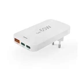 HAMA Schnellladegerät mit USB-Anschluss, GaN, weiß / 2x USB-C / USB-A / PD / QC / 65 W / flach / faltbar
