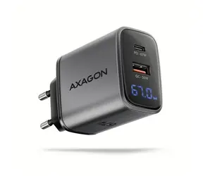 Axagon ACU-PQ67D graues GaN-Wandladegerät mit 1x USB-A- und 1x USB-C-Anschluss, 67 W und LCD-Display