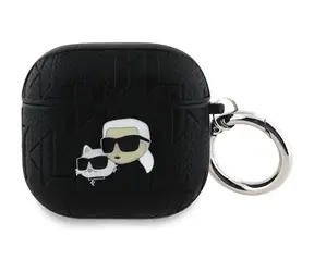 Schwarze Schutzhülle mit geprägten Karl Lagerfeld -Köpfen aus PU-Leder für AirPods 4