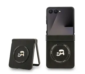 Magnetische Rückseite mit Karl Lagerfeld PU-Kopf von Karl und Choupette für Samsung Galaxy Z Flip 7, Schwarz