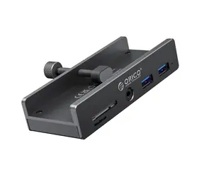 Orico MH5PMM USB-Hub mit Klemmhalterung, schwarz / 2x USB-A + SD/TF + 3,5-mm-Klinkenanschluss