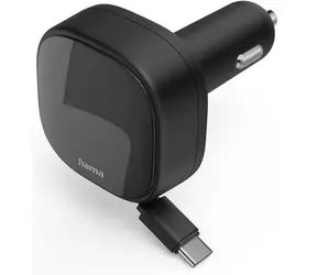 HAMA Schnell-USB-Autoladegerät, schwarz / 30 W / 2x USB-C / einziehbares Kabel