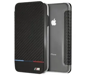 BMW Carbon Tricolor Stripe Book Case für iPhone XS Max Schwarz