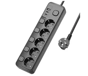Viking YC53S Verlängerungskabel schwarz / 5x AC 230V / Einzelknopf / 1x USB-A / 2x USB-C / Länge 1,5 m