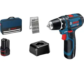 BOSCH GSR 12V-15 Professional / Akku-Bohrschrauber / 12 V / 2 x 2,0 Ah / 10-mm-Bohrfutter / 1300 U/min / 30 Nm / Bit-Set / Sonderangebot