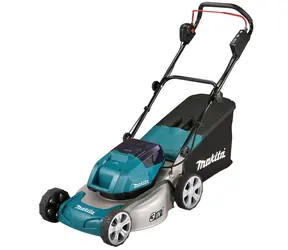 Makita DLM463Z / Akku-Rasenmäher / 2x 18V / 3300 U/min / bis zu 800 m2 / Breite 46 cm / Korb 60 l / Ohne Akku
