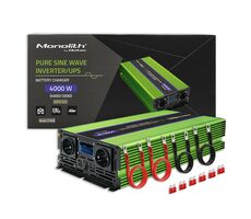 Qoltec 51943 Monolithischer Spannungswandler und Batterieladegerät / 2000W / 4000W / Eingang 12V / 2 x 230V / 1x USB / LCD