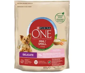 PURINA One Mini Adult Delicate Salmon & Rice 800 g / für ausgewachsene Hunde / mit Lachs und Reis / für kleine Rassen