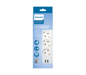 Philips SPN3032WA/58 weiß / Verlängerungskabel / Schuko / 3 Steckdosen / 2 USB-A / 2m