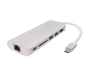 PremiumCord Konverter USB3.1 zu HDMI / RJ45 / 2x USB3.0 / SD-Kartenslot / PD-Ladung / 0,2m / Silber