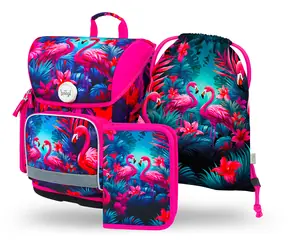 BAAGL SET 3 - Schulset Ergo Flamingos: Aktentasche / Federmäppchen / Tasche