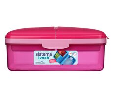 Sistema Lunch Quaddie Snackbox mit Fächern, 1,5 l, mit 3 aufklappbaren Fächern im Deckel und einer Trinkflasche, pink