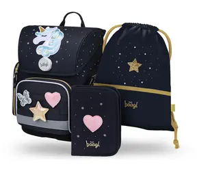 BAAGL SET 3 Ergo Unicorn Gold: Aktentasche, Federmäppchen, Tasche