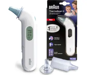 Braun IRT 3030 ThermoScan 3 / digitales Infrarot-Thermometer / Messung im Ohr / 34 - 42,2°C / 2xAA / weiß