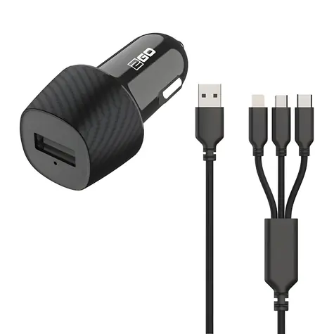 2GO 3-in-1 schwarz / Autoladegerät / 15 W / Micro-USB, Lightning & USB-C