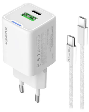 Colorway GaN-Netzladegerät weiß / Ladeadapter + USB-C-Kabel / 20 W / USB-C PD PPS / USB-A