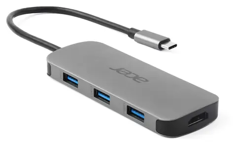 Acer 7-in-1-Notebook, silber / USB-C-Hub / 3 × USB-A 3.2 / HDMI 4K 60 Hz / 100 W Stromversorgung / SD- und microSD-Kartenleser