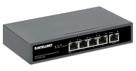 Intellinet Switch 5- Port Gigabit High PoE / 4X PoE 802.3bt / 65W / PD-Uplink / Wandmontage