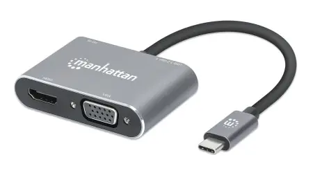 Manhattan USB-C 4-in-1-Adapter, grau / HDMI 4K + VGA / USB-A 3.2 / 87 W Stromversorgung