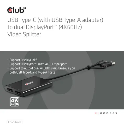 Club3D CSV-1478 / Adapter / USB-C auf 2x DisplayPort / 4K 60Hz