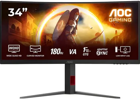 34" AOC CU34G4 Schwarz / Monitor / Schnelles VA-Panel / 3440 x 1440 / 21:9 / 180 Hz / 1 ms / 300 cd/m / HDMI + DP / VESA