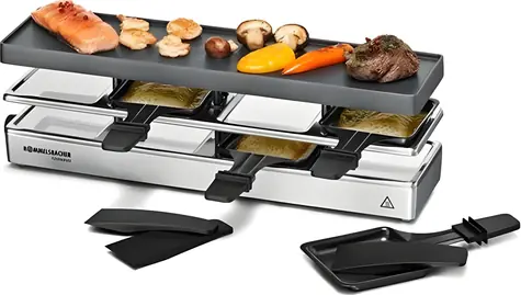 Rommelsbacher RC 800 silber / Elektrischer Raclettegrill / 795 W / 4 Pfannen / Antihaftbeschichtung