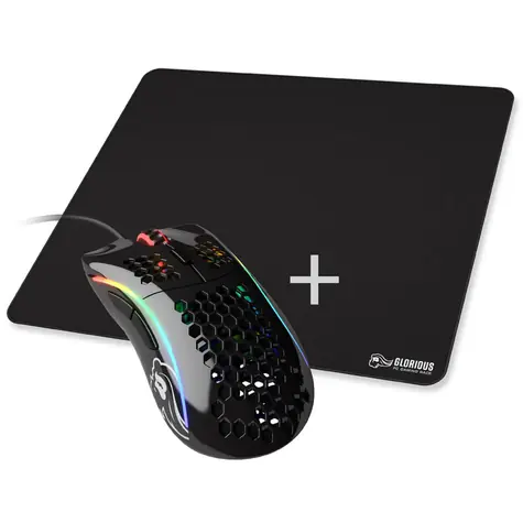 Glorious Model D, glänzend schwarz + XL-Mauspad / Gaming-Maus + Mauspad / 12000 DPI / 6 programmierbare Tasten / RGB-Beleuchtung / 2 m
