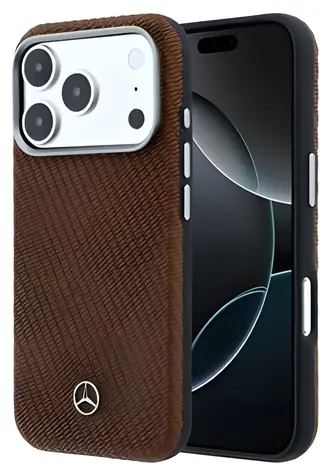 Mercedes iPhone 17 Pro Max Schutzhülle aus PU-Leder in Holzoptik (Kamel) / Rückseite / MagSafe / PU-Leder / Holzoptik