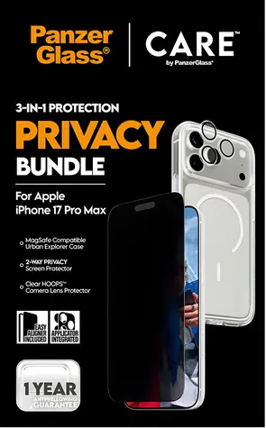 PanzerGlass 3-in-1-Bundle mit Sichtschutz für iPhone 17 Pro Max / Schutzset / Sichtschutzfolie / Gehärtetes Glas