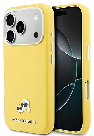 Karl Lagerfeld PU Karl und Choupette Köpfe Pins gelb / Rückseite / MagSafe / iPhone 17 Pro Max