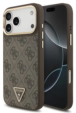 Guess PU-Leder 4G Strass-Dreieck Logo Goldrahmen Braun / Rückseite / MagSafe / iPhone 17 Pro Max